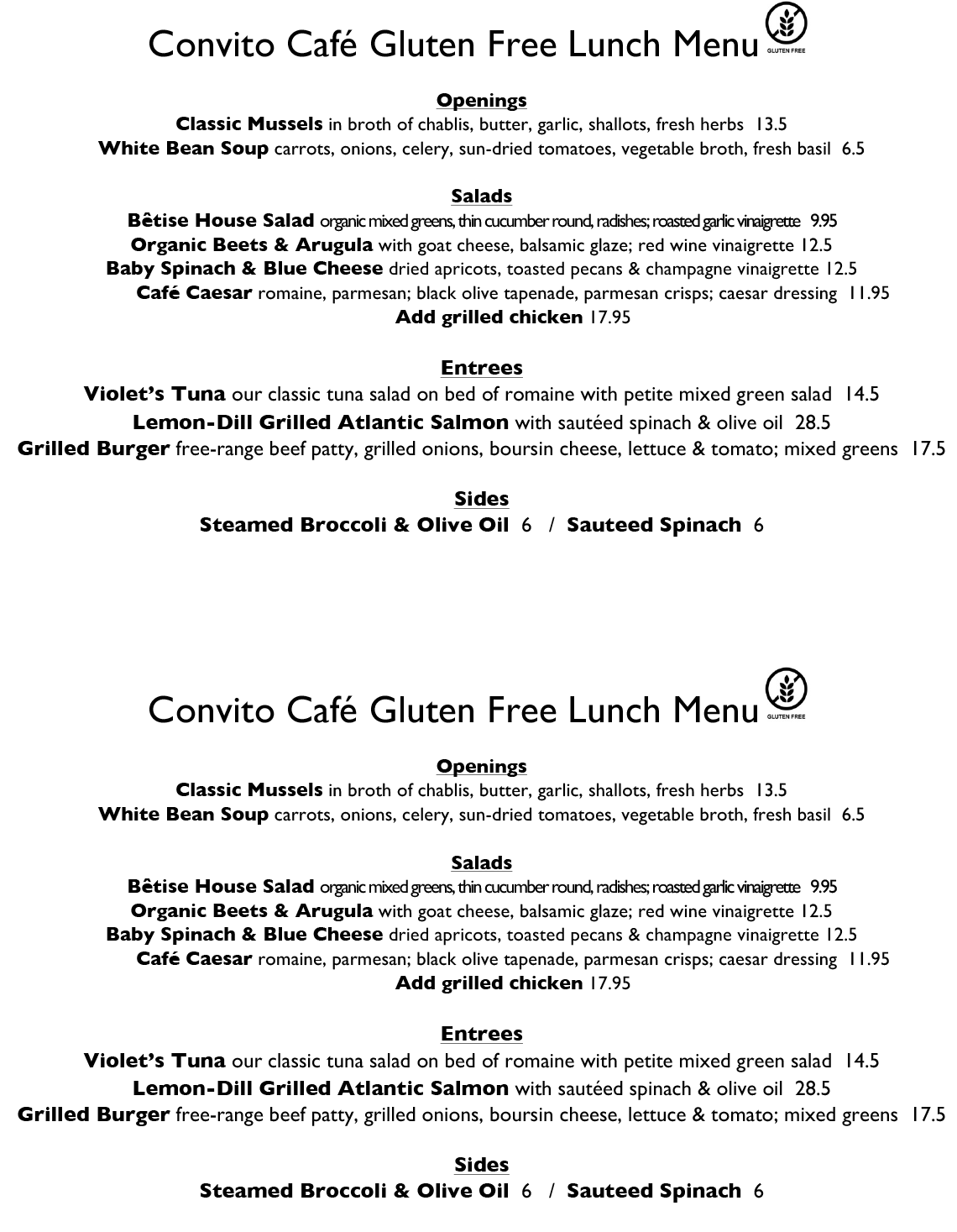 Convito Cafe Gluten Free Lunch