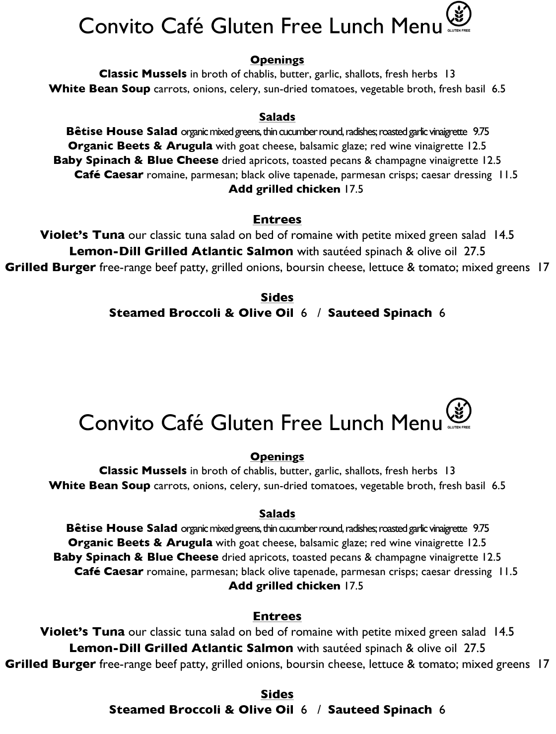 Convito Cafe Gluten Free Dinner