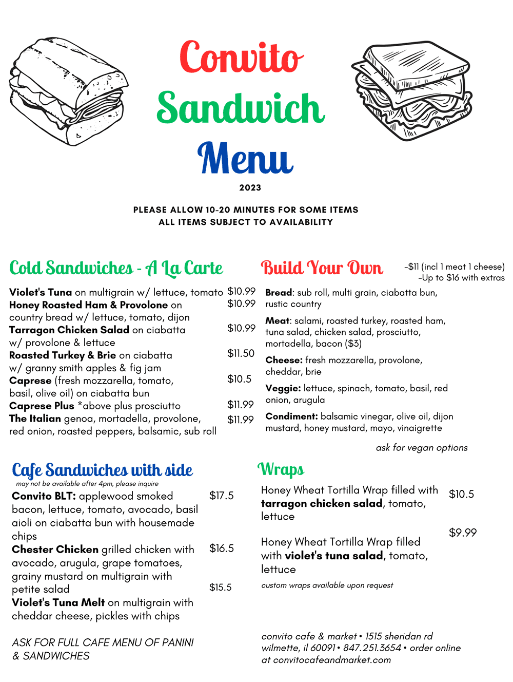 Convito Sandwich Menu 2023