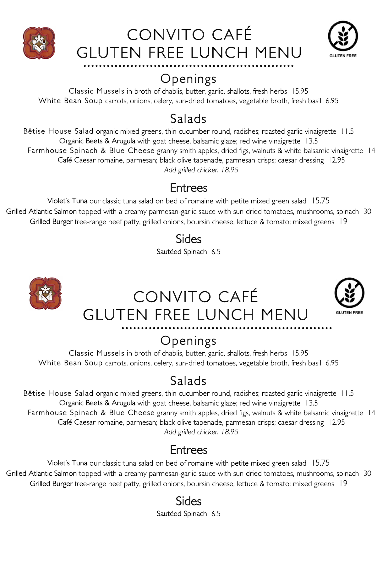 Convito Cafe Gluten Free Lunch Menu