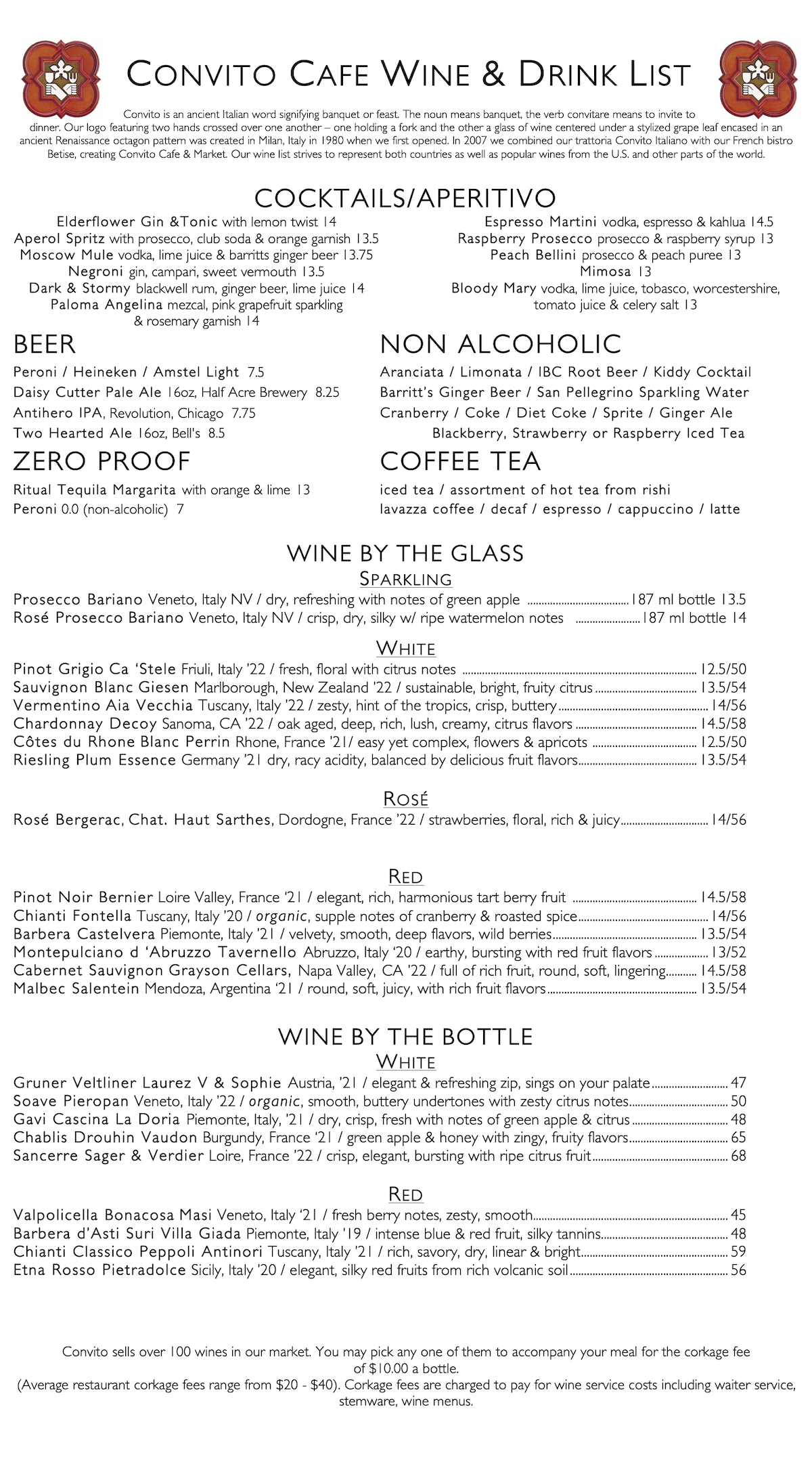 Convito Cafe Wine & Drink List