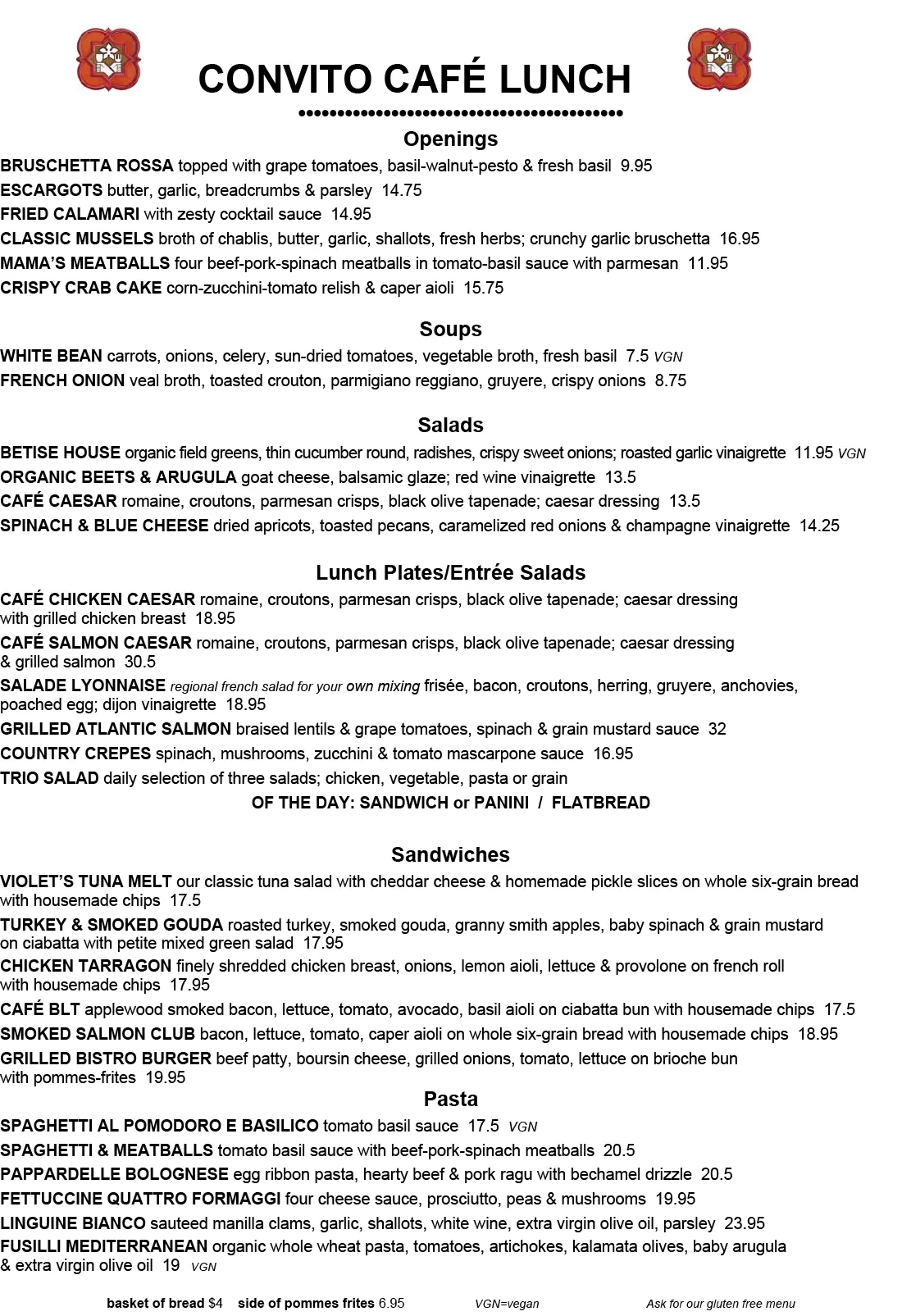 Convito Lunch Menu
