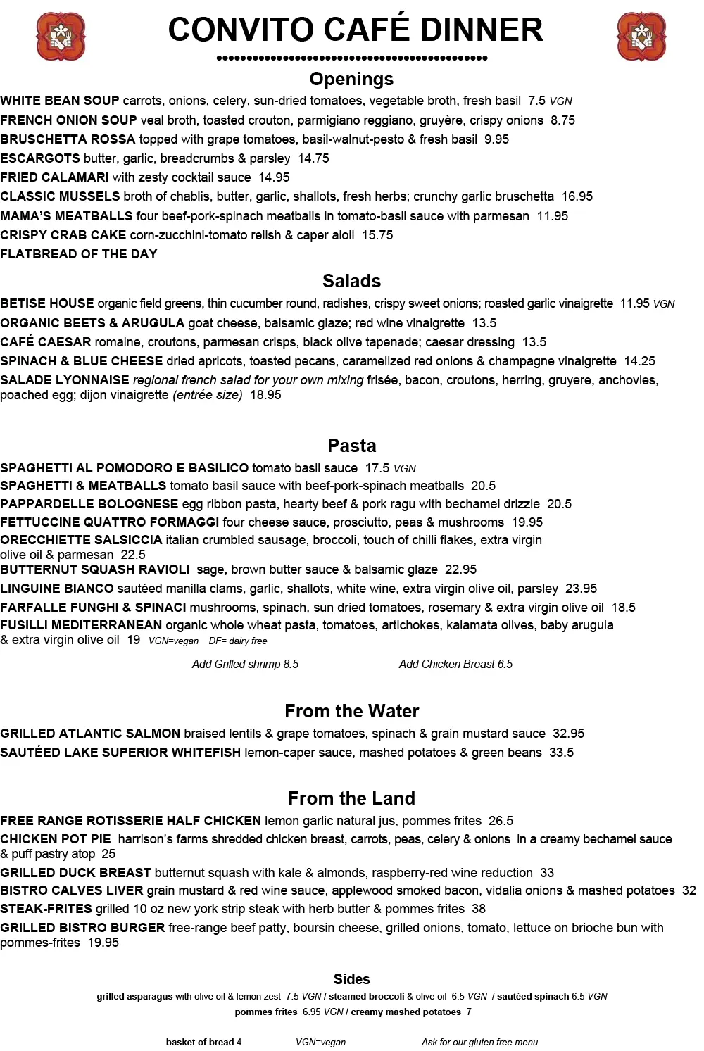 Convito Dinner Menu