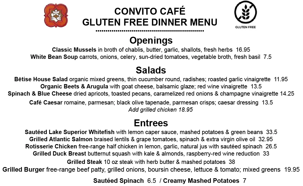 Convito Gluten Free Dinner Menu