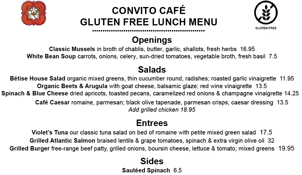 Convito Gluten Free Lunch Menu