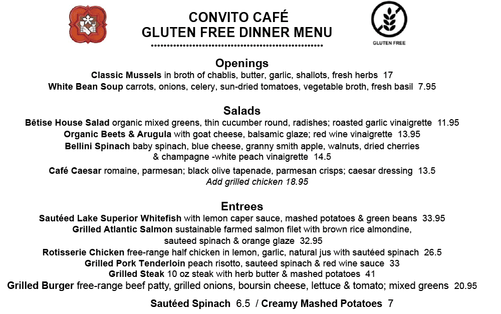 Convito Cafe GF Dinner Menu