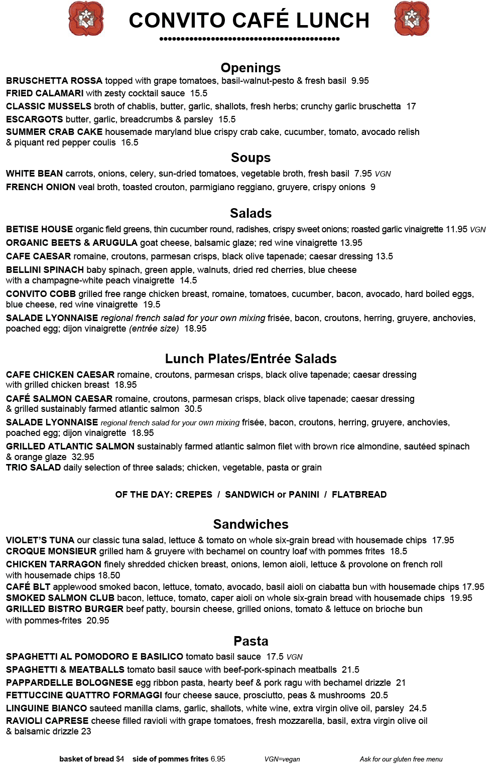 Convito Cafe Lunch Menu