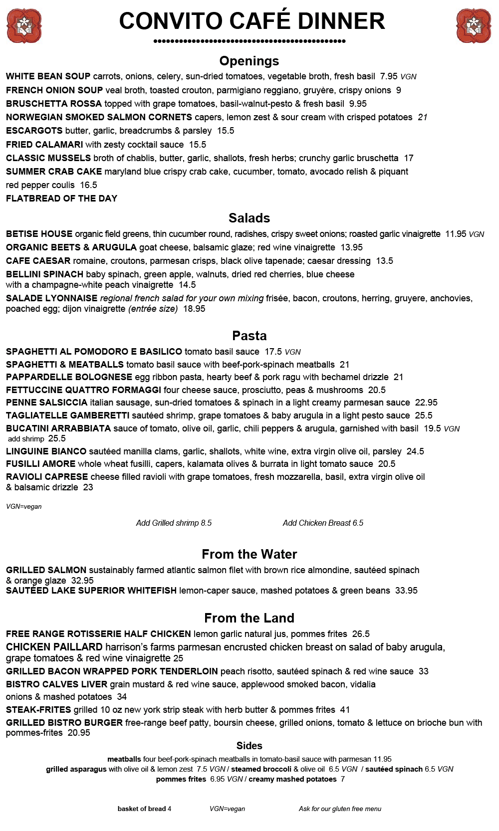 Convito Cafe Dinner Menu