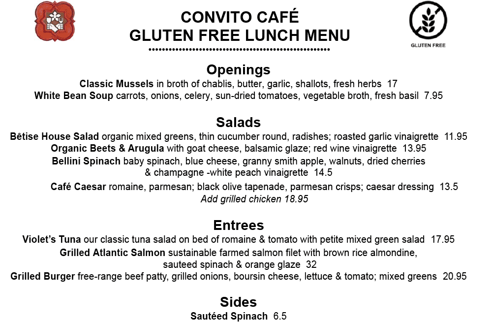 Convito Cafe Gluten Free Lunch Menu