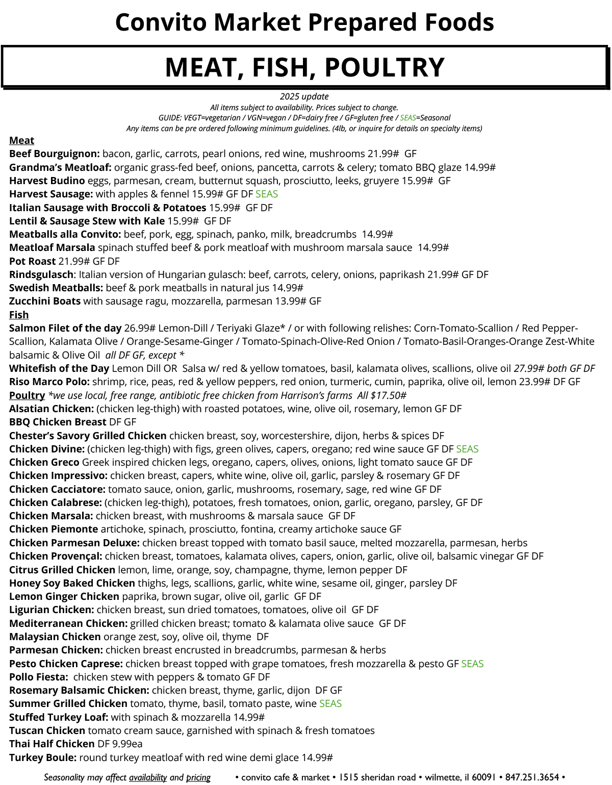 Convito Market Meat Fish Poultry Prepared Food Menu 2025