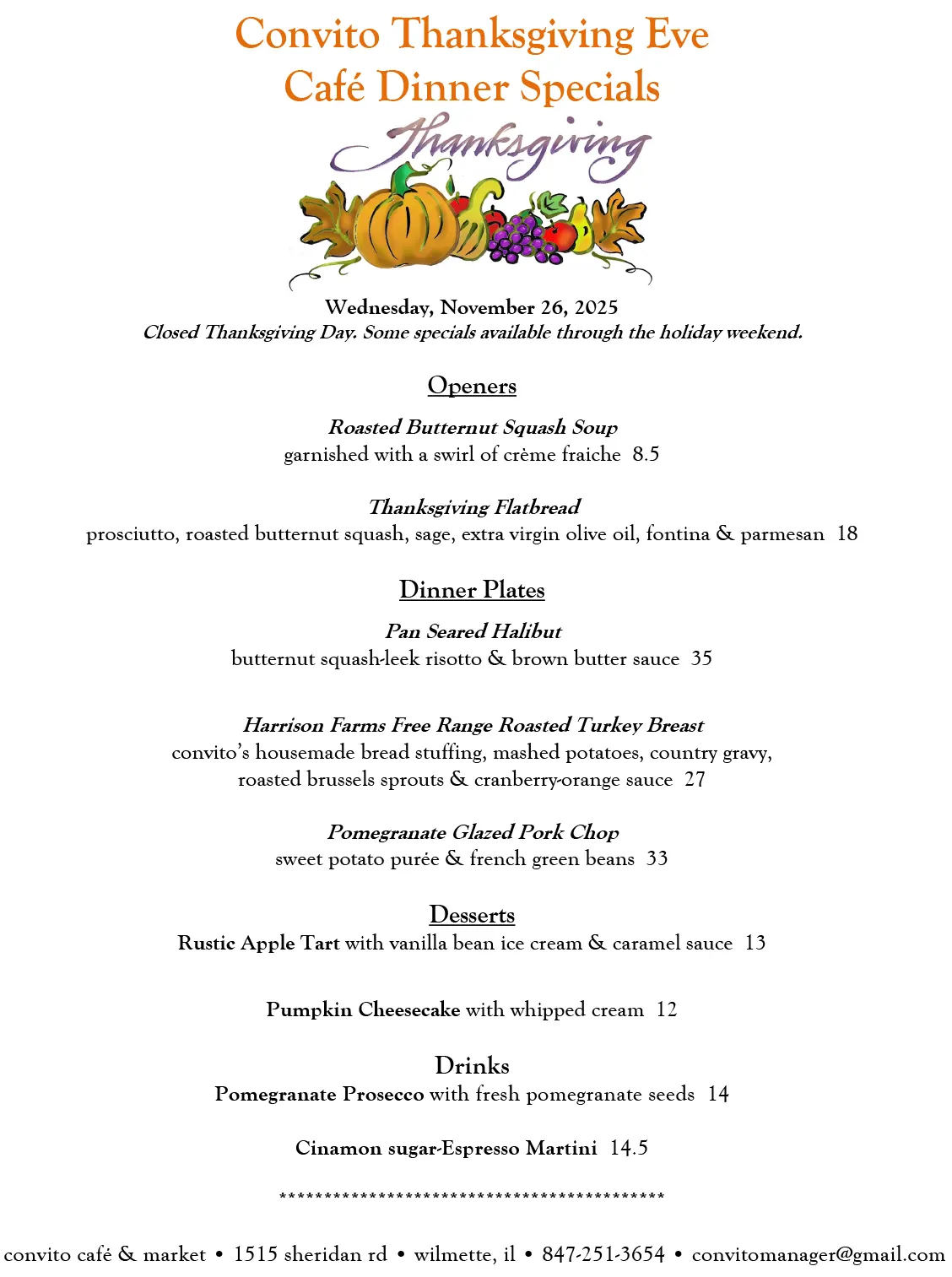 Thanksgiving Eve Convito Cafe Specials 2025