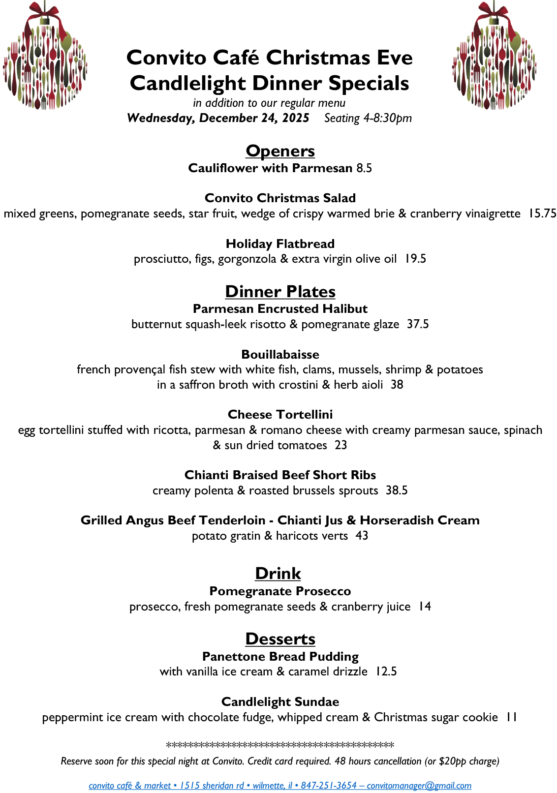 Convito Candlelight Christmas Eve Cafe Specials 2025