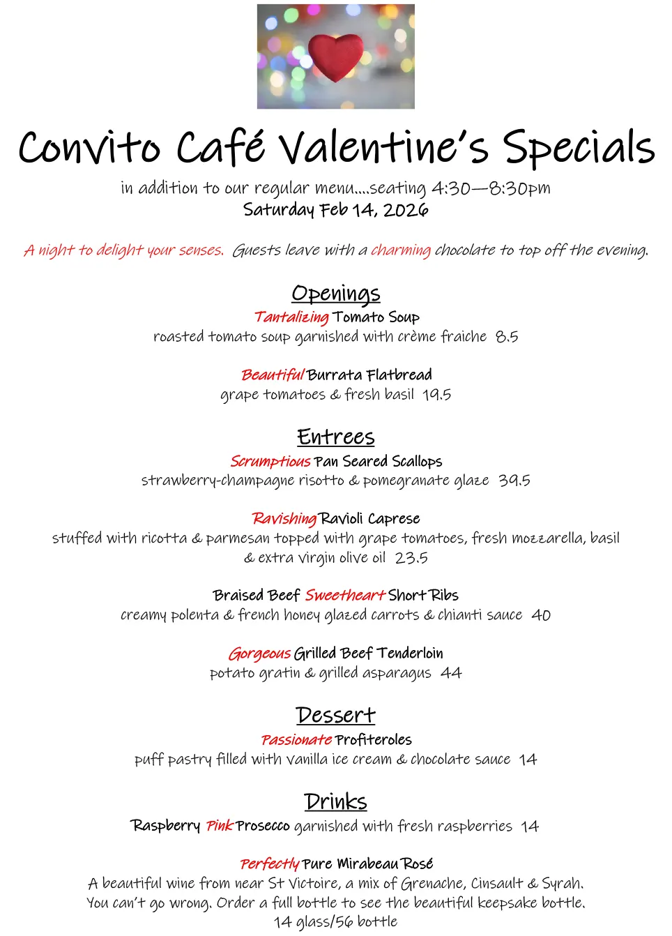 Convito Cafe Valentine's Specials