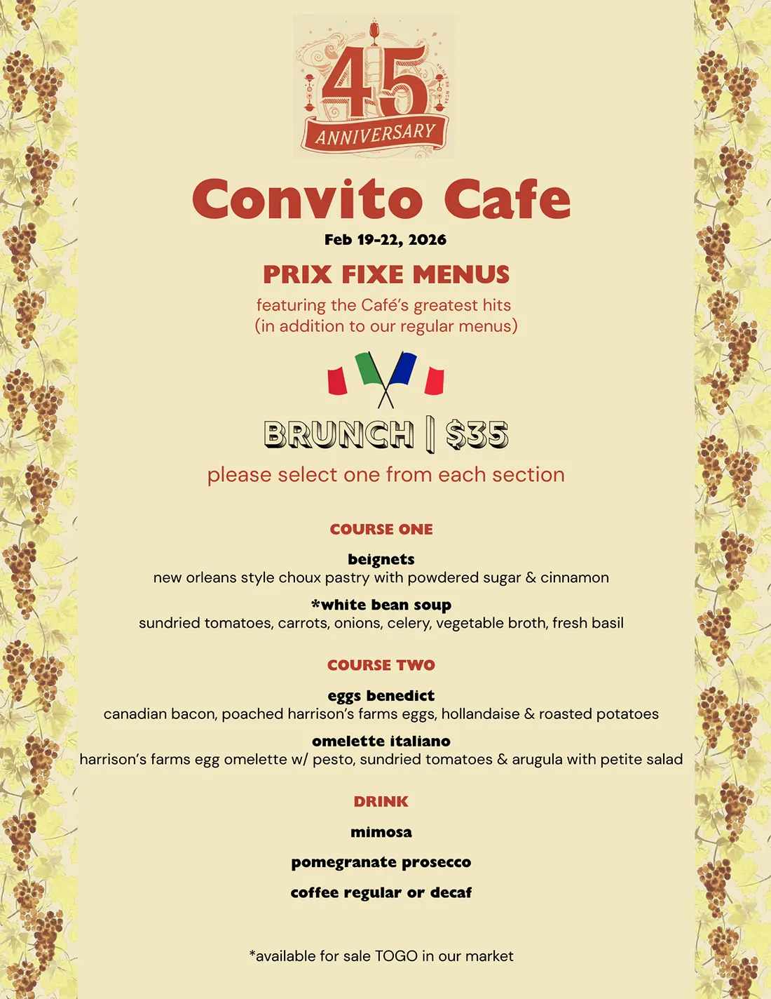 Convito Cafe 45th Pre Fixe Brunch Menu Feb 19-22