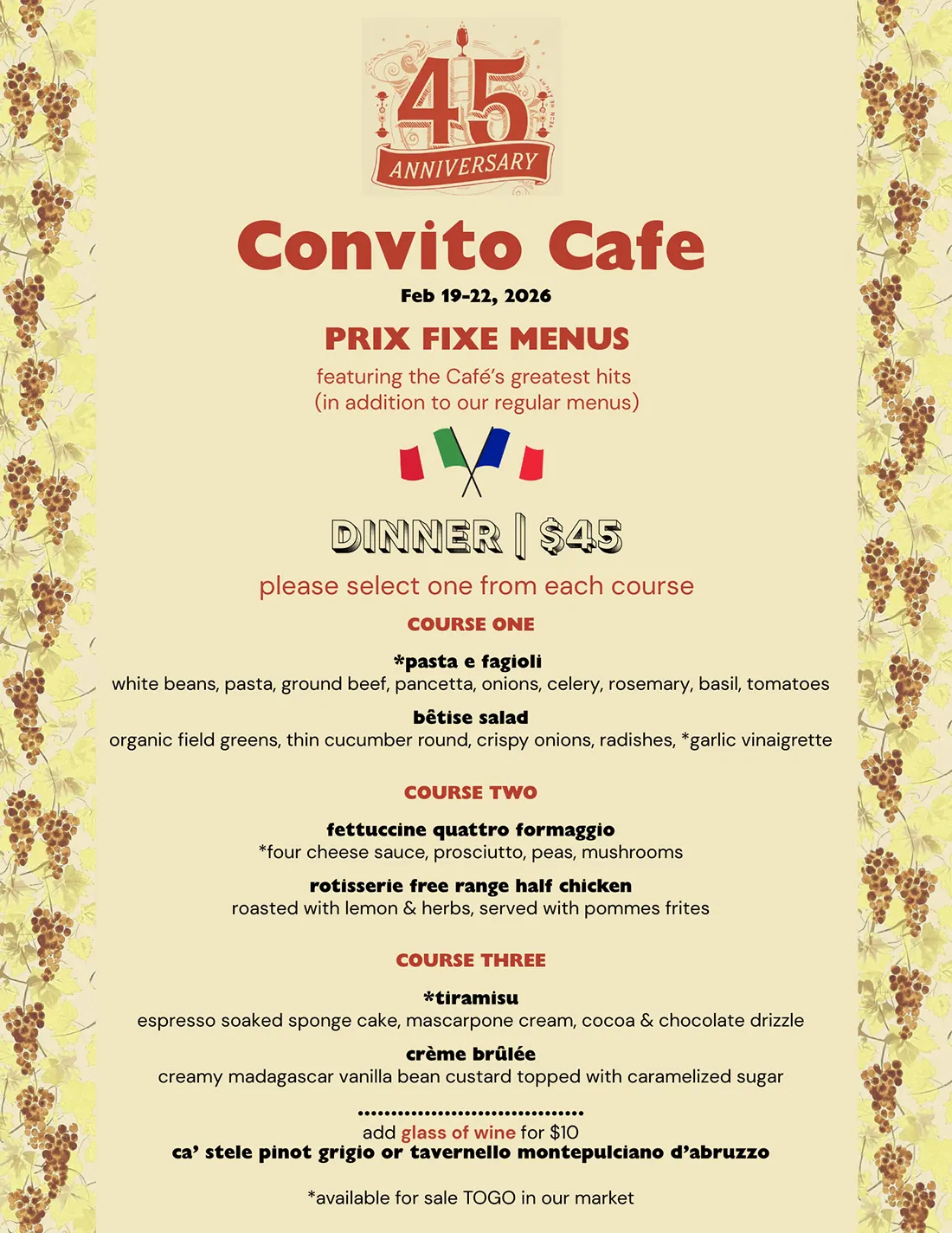 Convito Cafe 45th Pre Fixe Dinner Menu $45 Feb 19-22