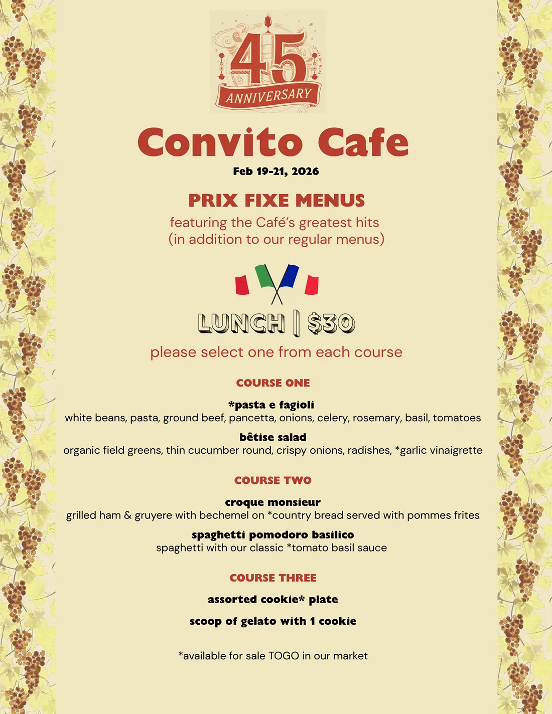 Convito Cafe 45th Pre Fixe Lunch Menu Feb 19-22