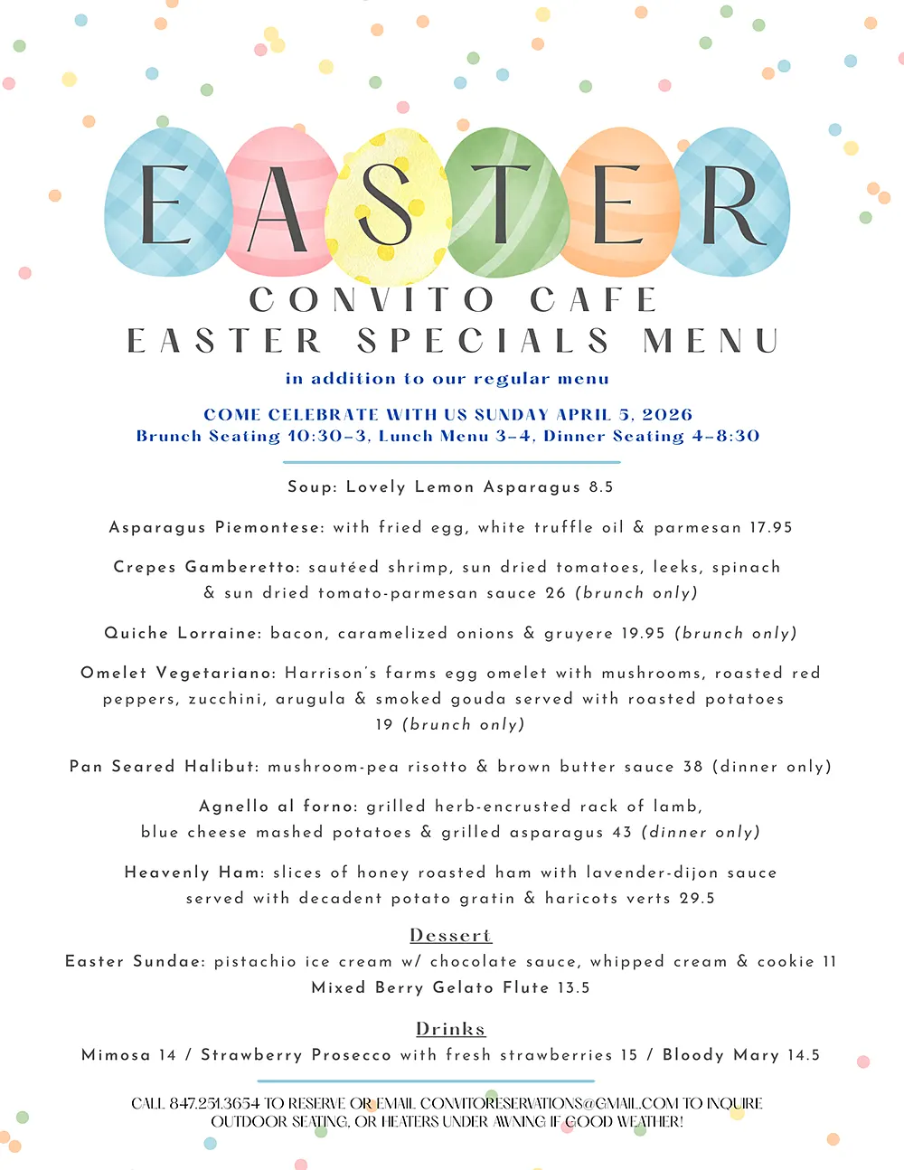 Convito Easter Cafe Specials Menu