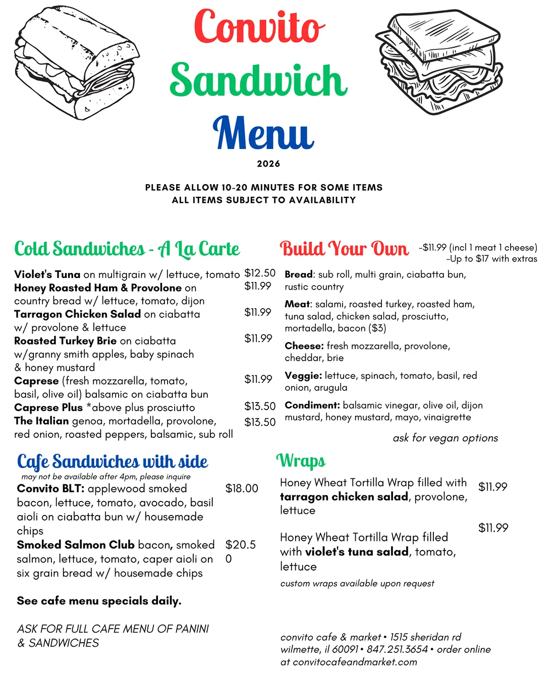 Convito Sandwich Menu 2026