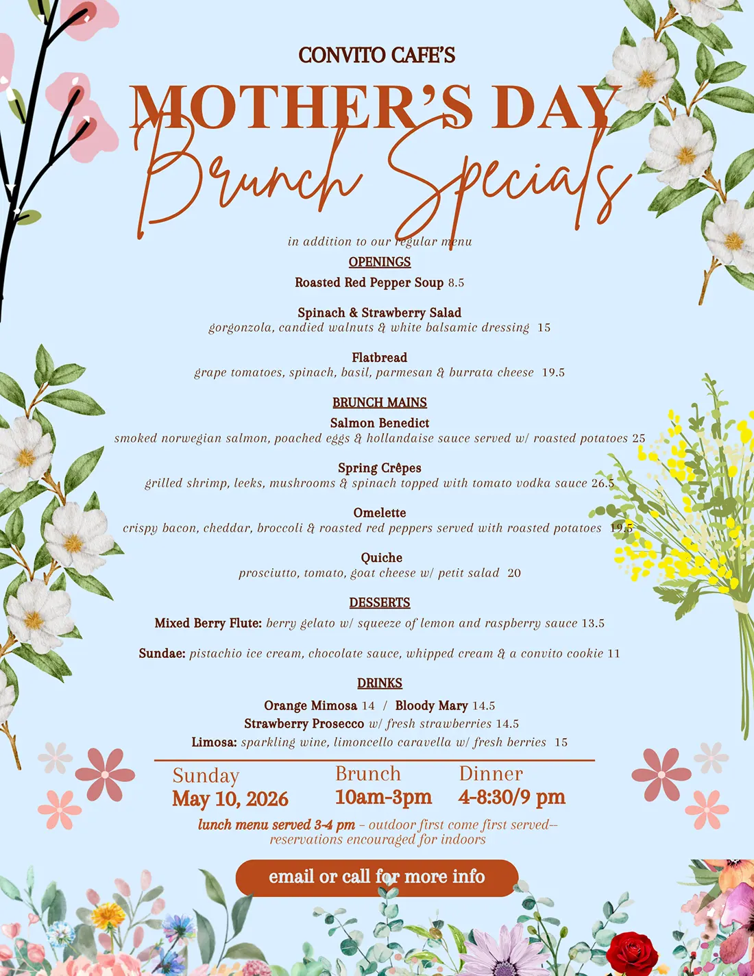 Convito Cafe Mother's Day Brunch Specials - 2026