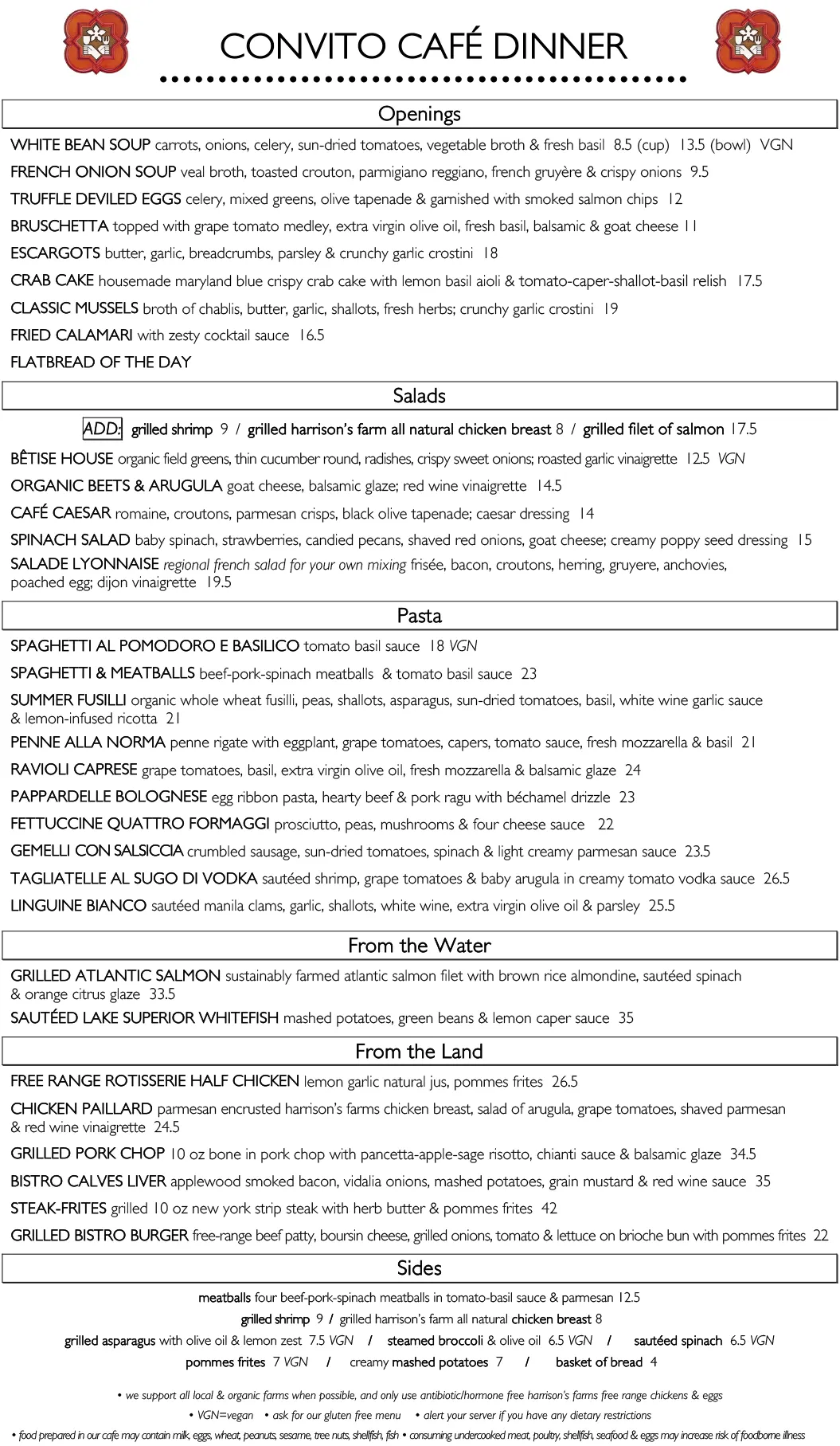 Convito Dinner Menu