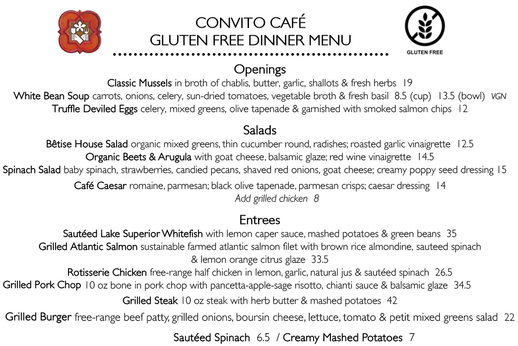Convito Glutten Free Dinner Menu