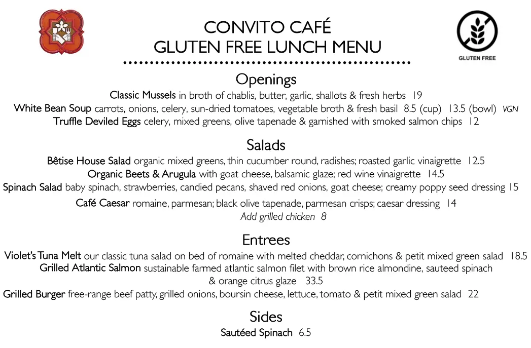 Convito Glutten Free Lunch Menu