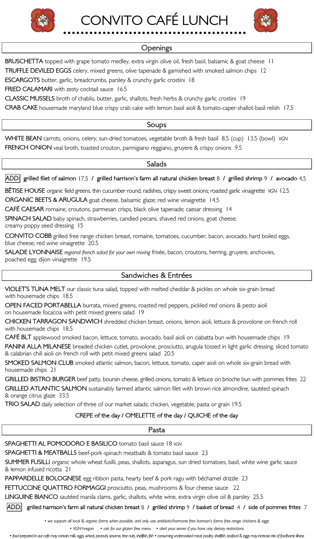 Convito Lunch Menu