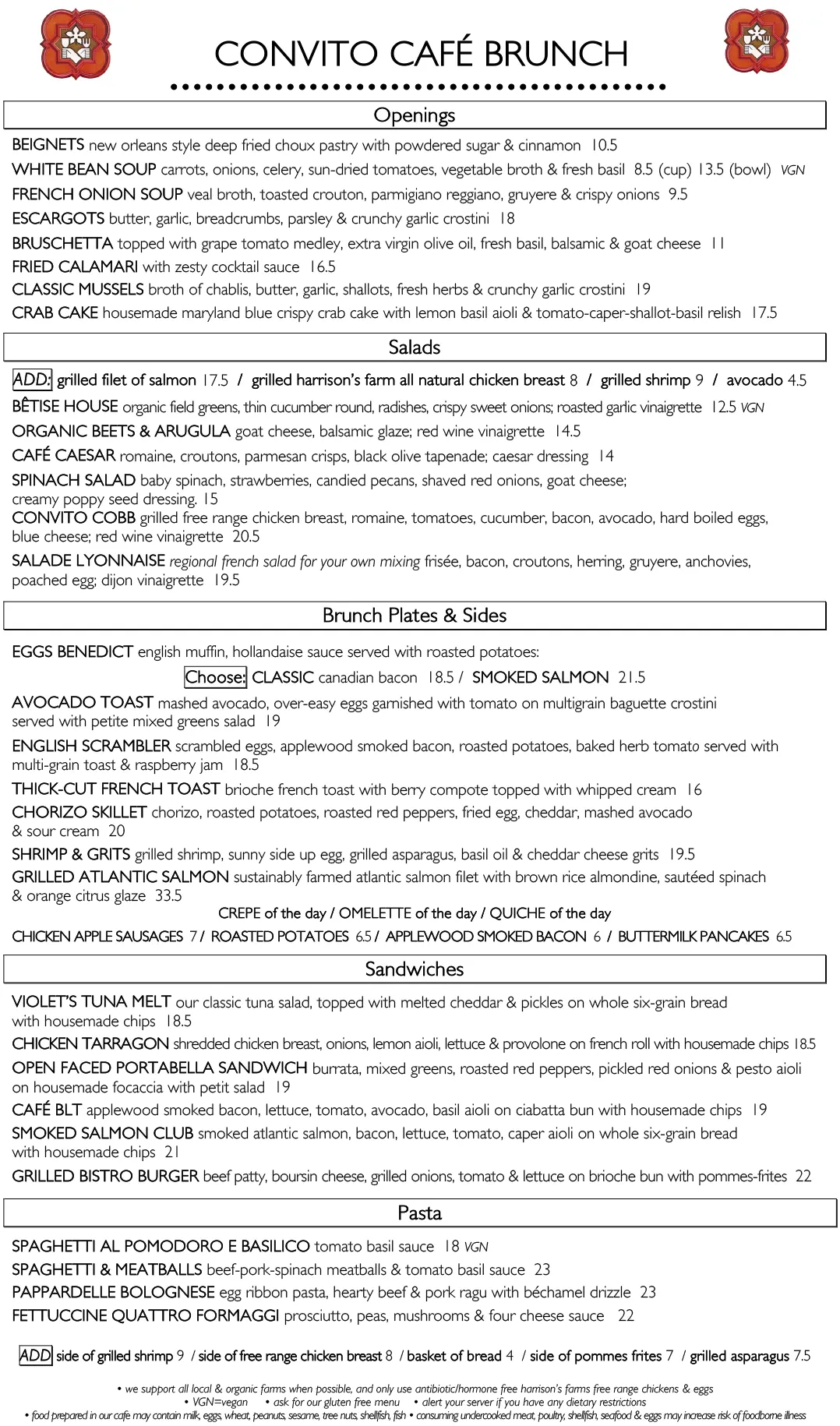 Convito Brunch Menu