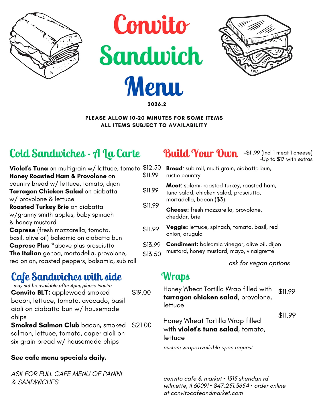 Convito sandwich menu