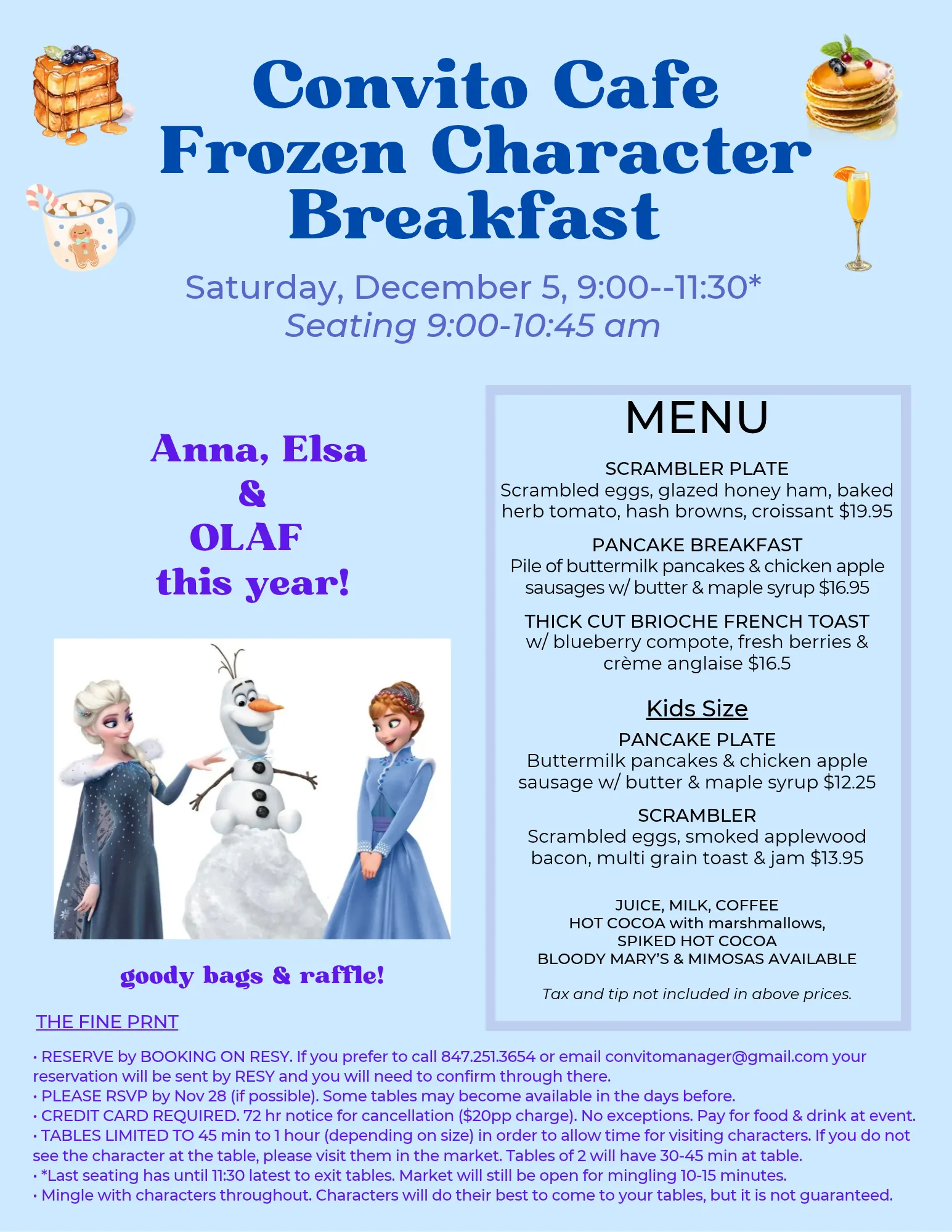 Convito Frozen Character Breakfast Menu