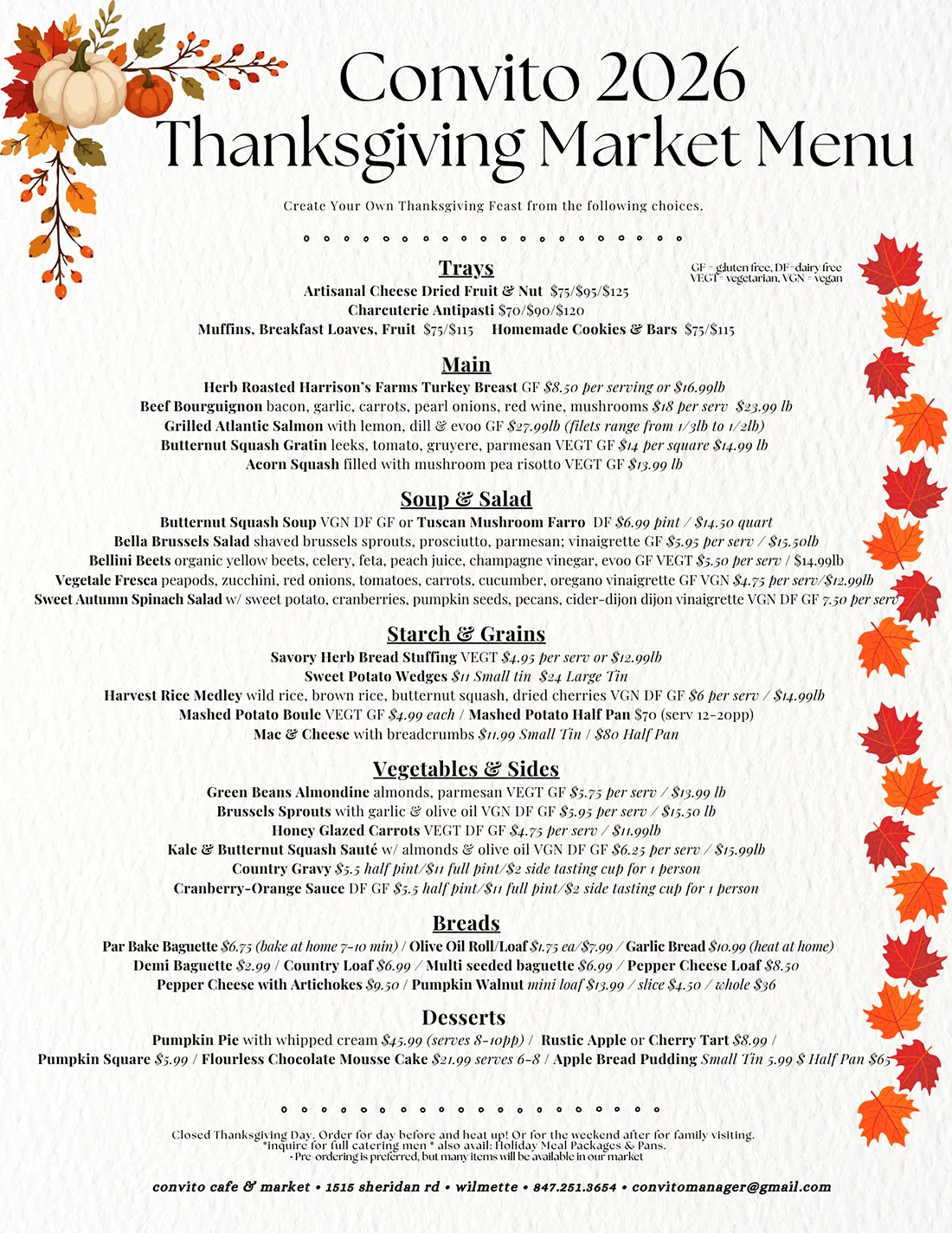 Convito Market Thanksgiving Menu