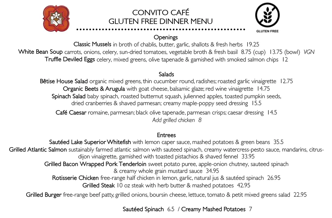 Convito Gluten Free Dinner Menu
