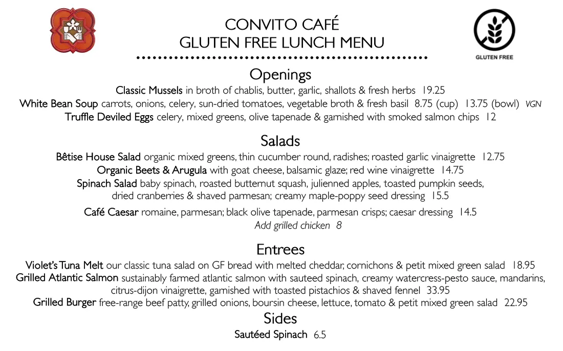 Convito Gluten Free Lunch Menu